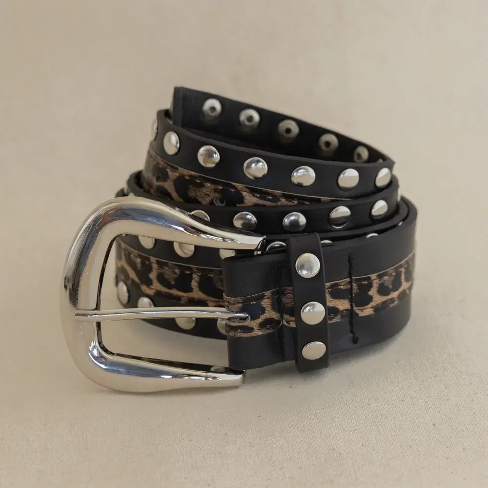 Vintage Leopard Studded Leather Belt Silver Buckle Y2K Punk Grunge Unisex